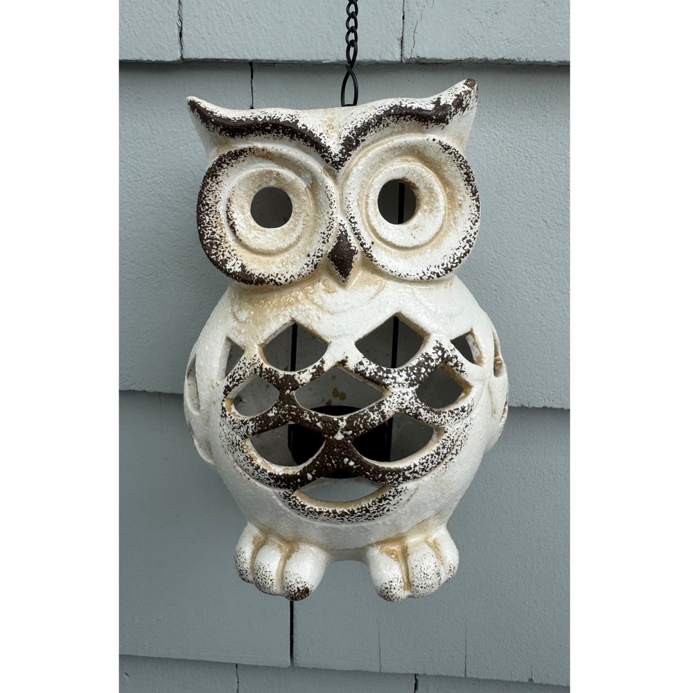 Vintage Style White Textured metal Hanging Owl Lantern Tea Light 7"
